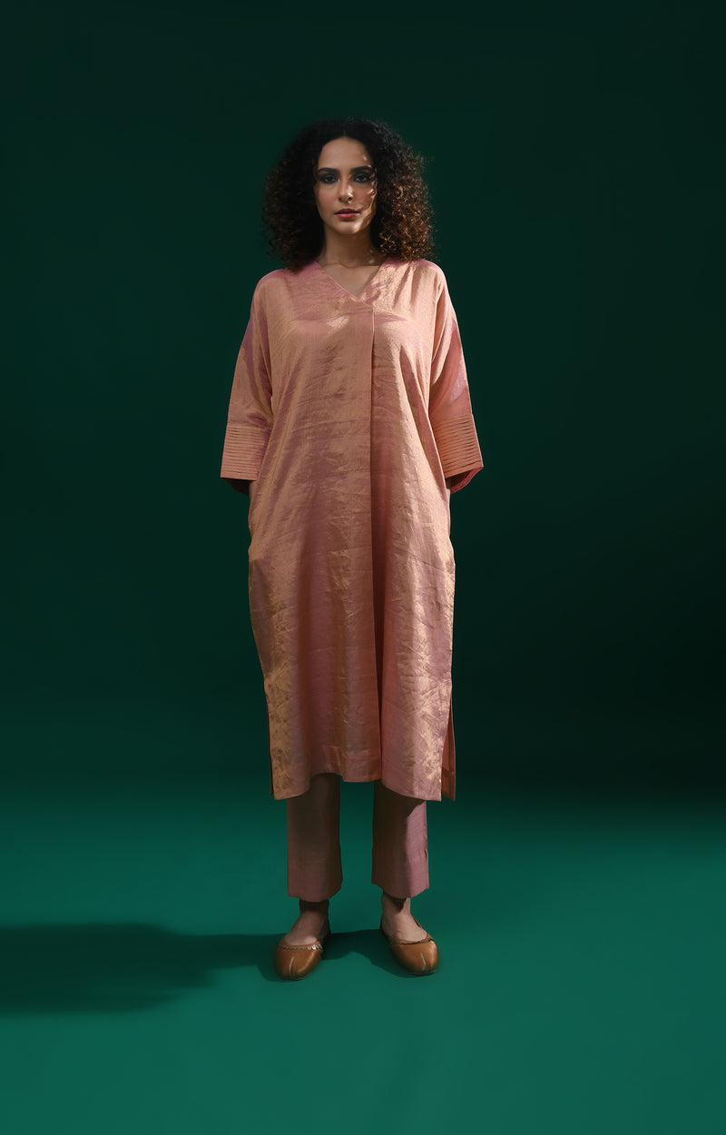 Pink handwoven tissue kaftan co-ord set for women - Hiranya