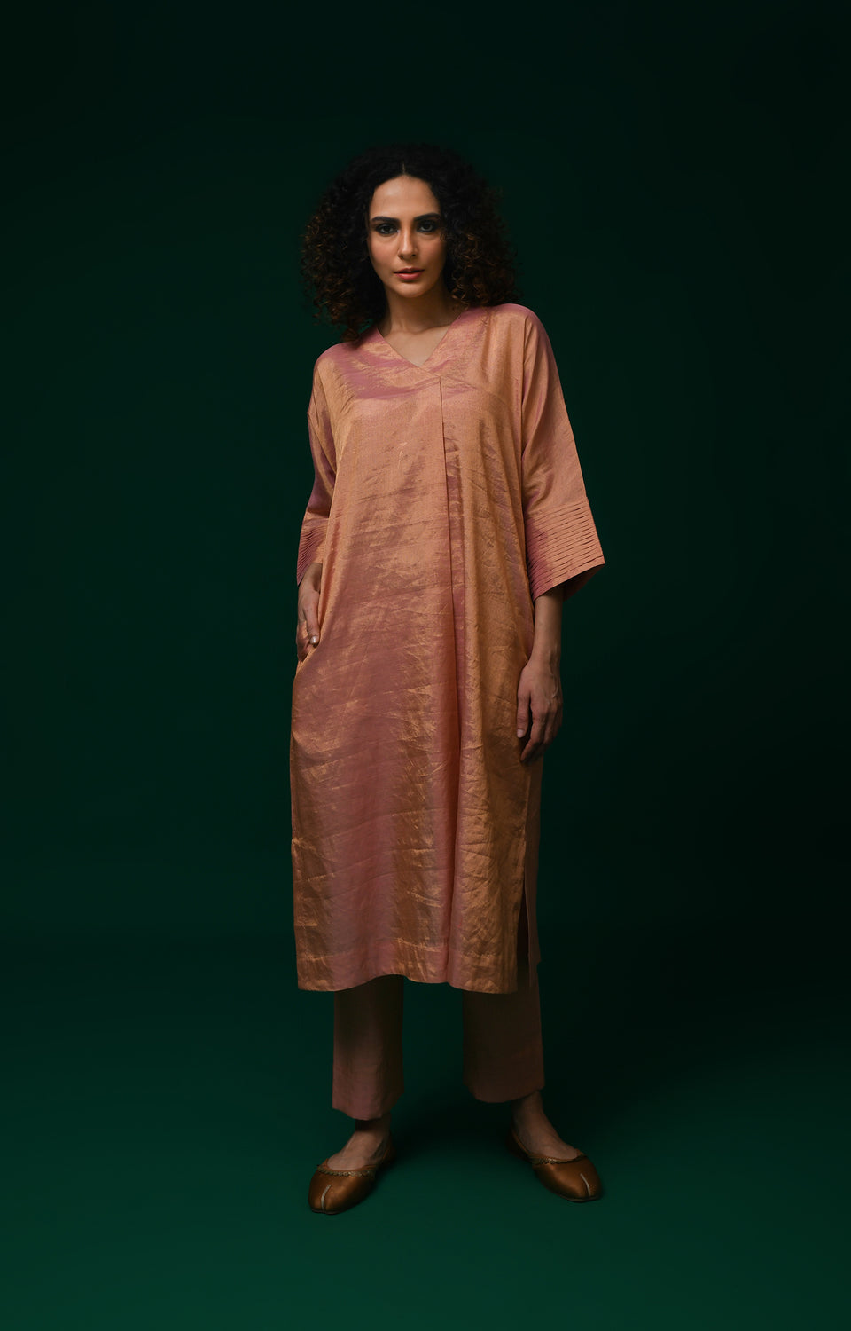 Pink handwoven tissue kaftan co-ord set for women - Hiranya