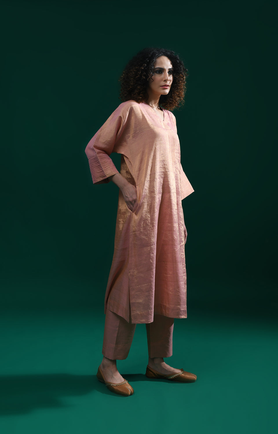 Pink handwoven tissue kaftan co-ord set for women - Hiranya