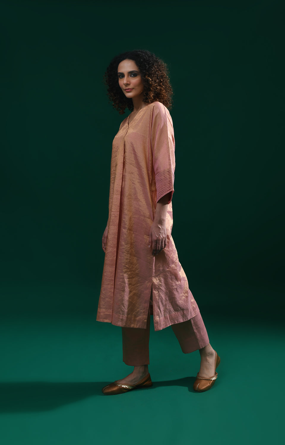Pink handwoven tissue kaftan co-ord set for women - Hiranya