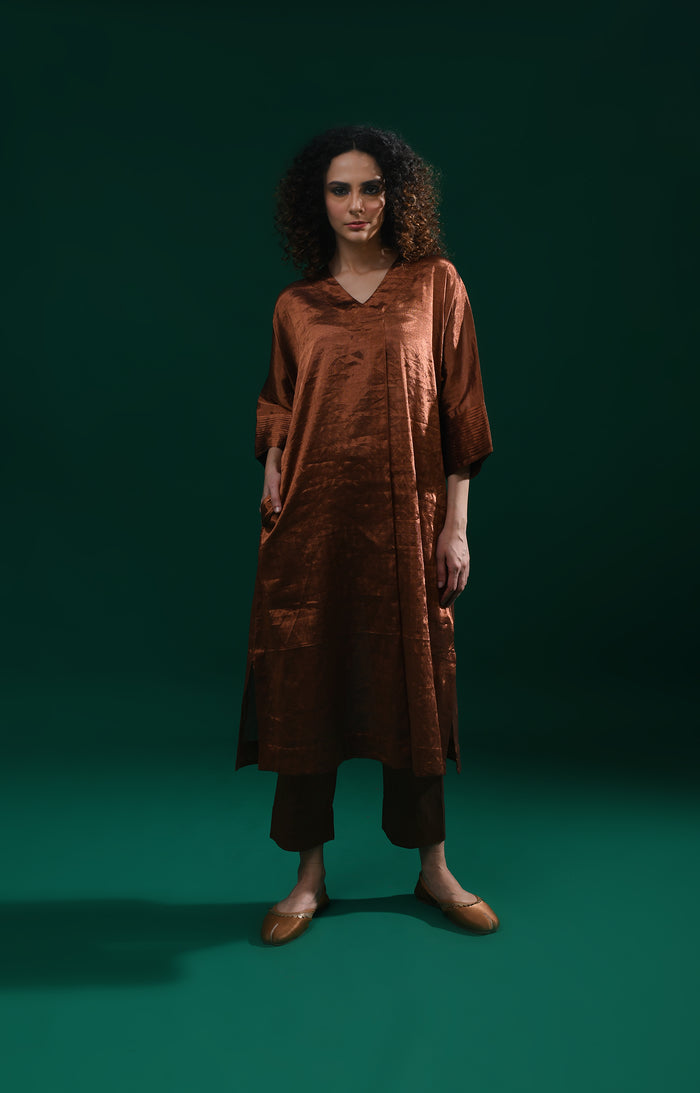 Copper handwoven tissue kaftan co-ord set for women - Hiranya