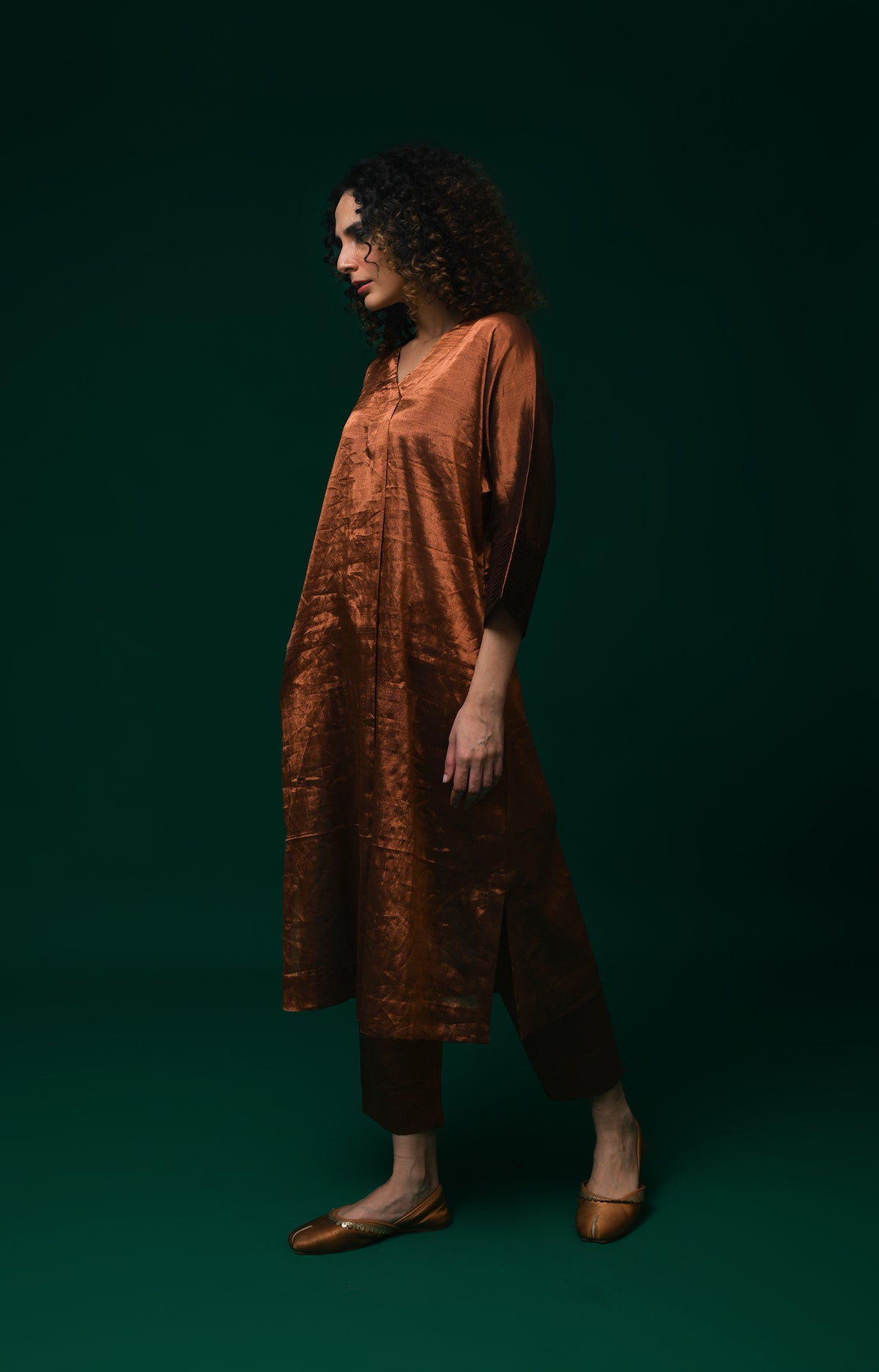 Copper handwoven tissue kaftan co-ord set for women - Hiranya