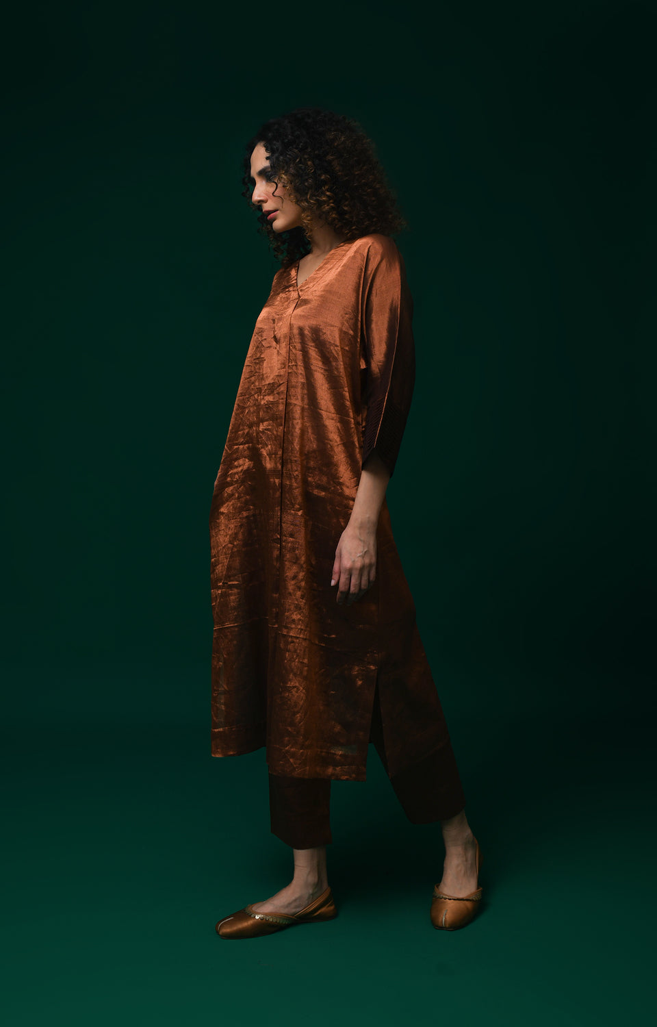 Copper handwoven tissue kaftan co-ord set for women - Hiranya