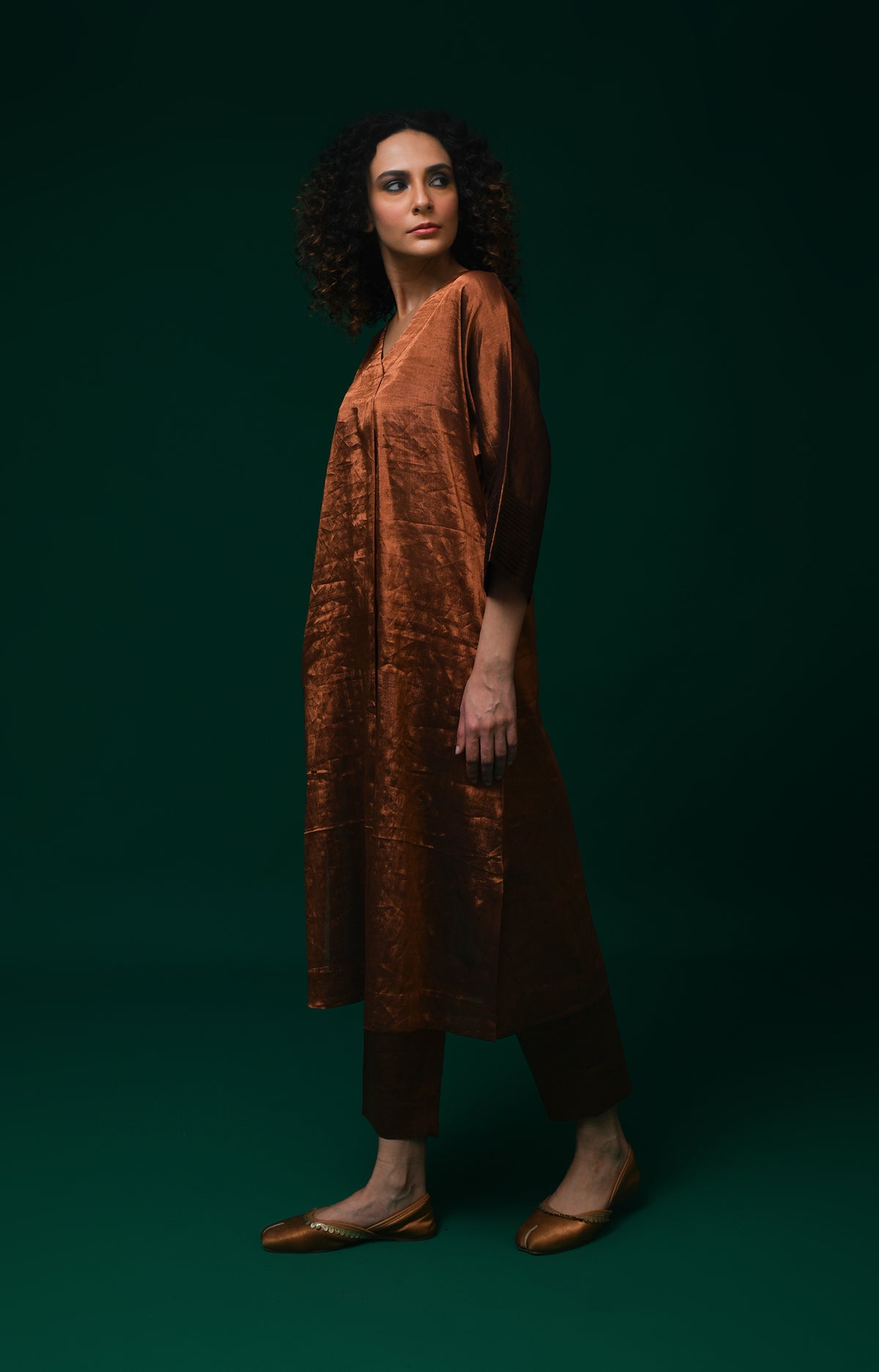 Copper handwoven tissue kaftan co-ord set for women - Hiranya
