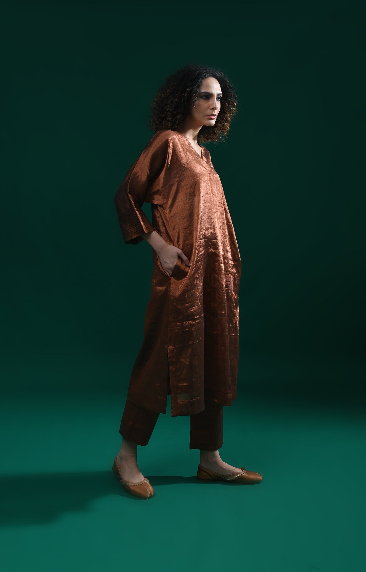 Copper handwoven tissue kaftan co-ord set for women - Hiranya