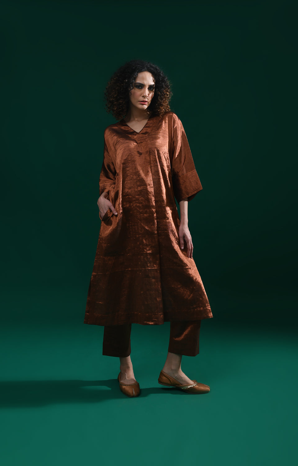 Copper handwoven tissue kaftan co-ord set for women - Hiranya