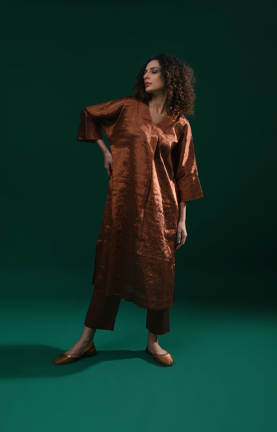 Copper handwoven tissue kaftan co-ord set for women - Hiranya