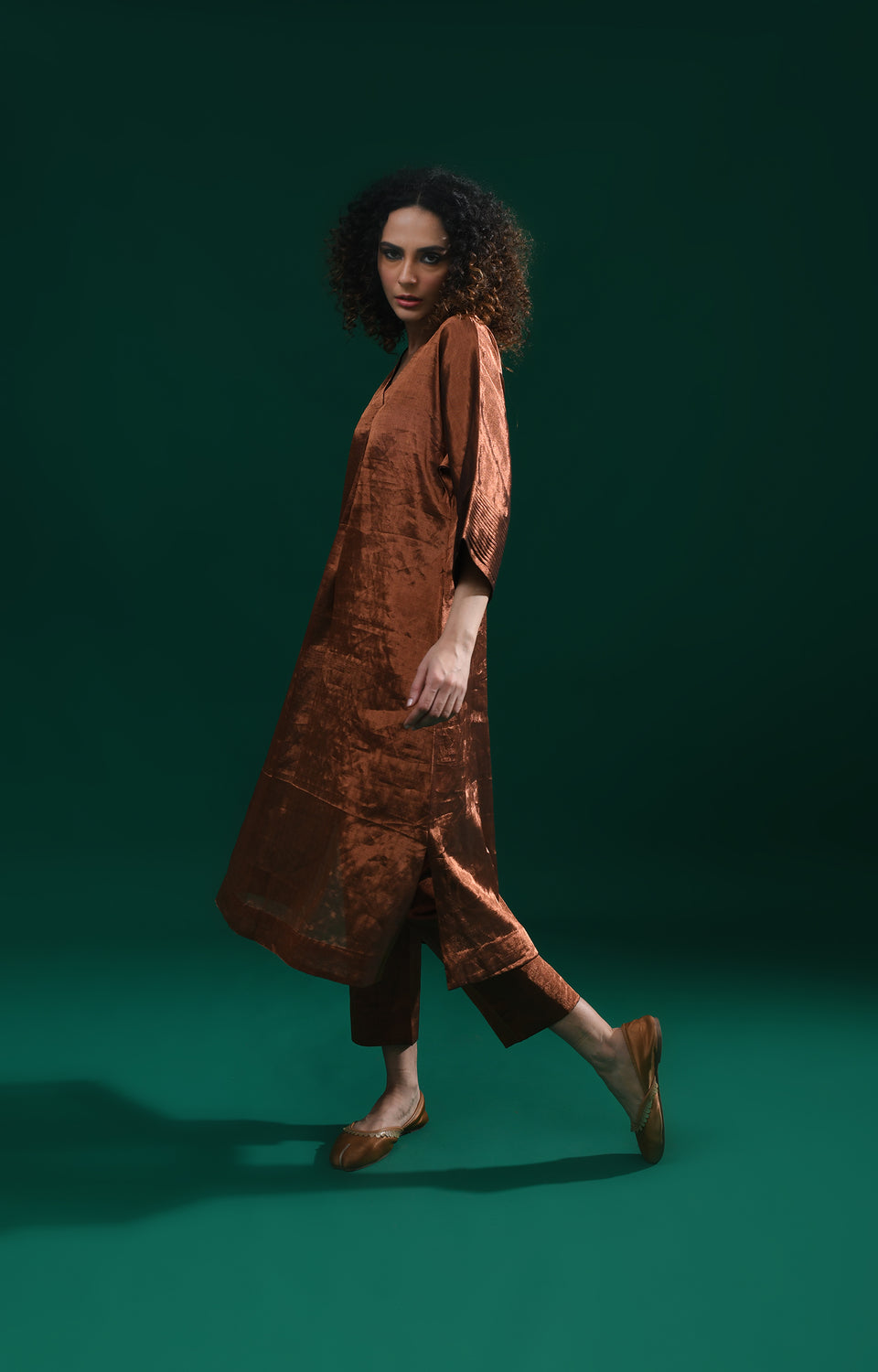 Copper handwoven tissue kaftan co-ord set for women - Hiranya