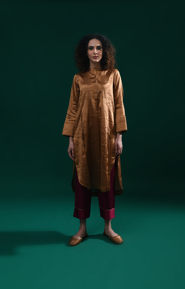 Coffee gold mauve double box pleat tissue co-ord set - ethnic wear