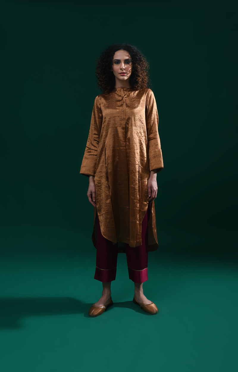 Coffee gold mauve double box pleat tissue co-ord set - ethnic wear