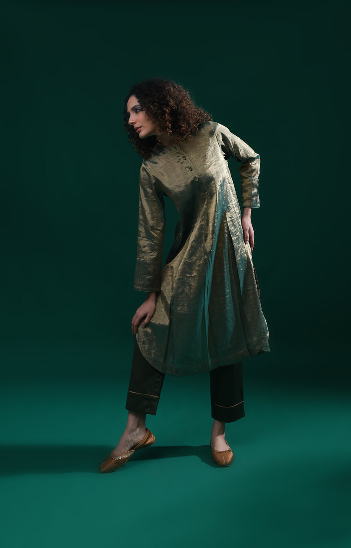 Double Box Pleat Tissue Co-Ord (Set of 2)- Mettalic Green
