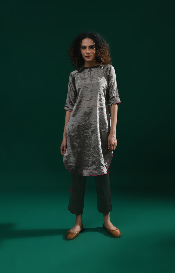 Dark silver short co-ord set with modern festive silhouette for women - Hiranya