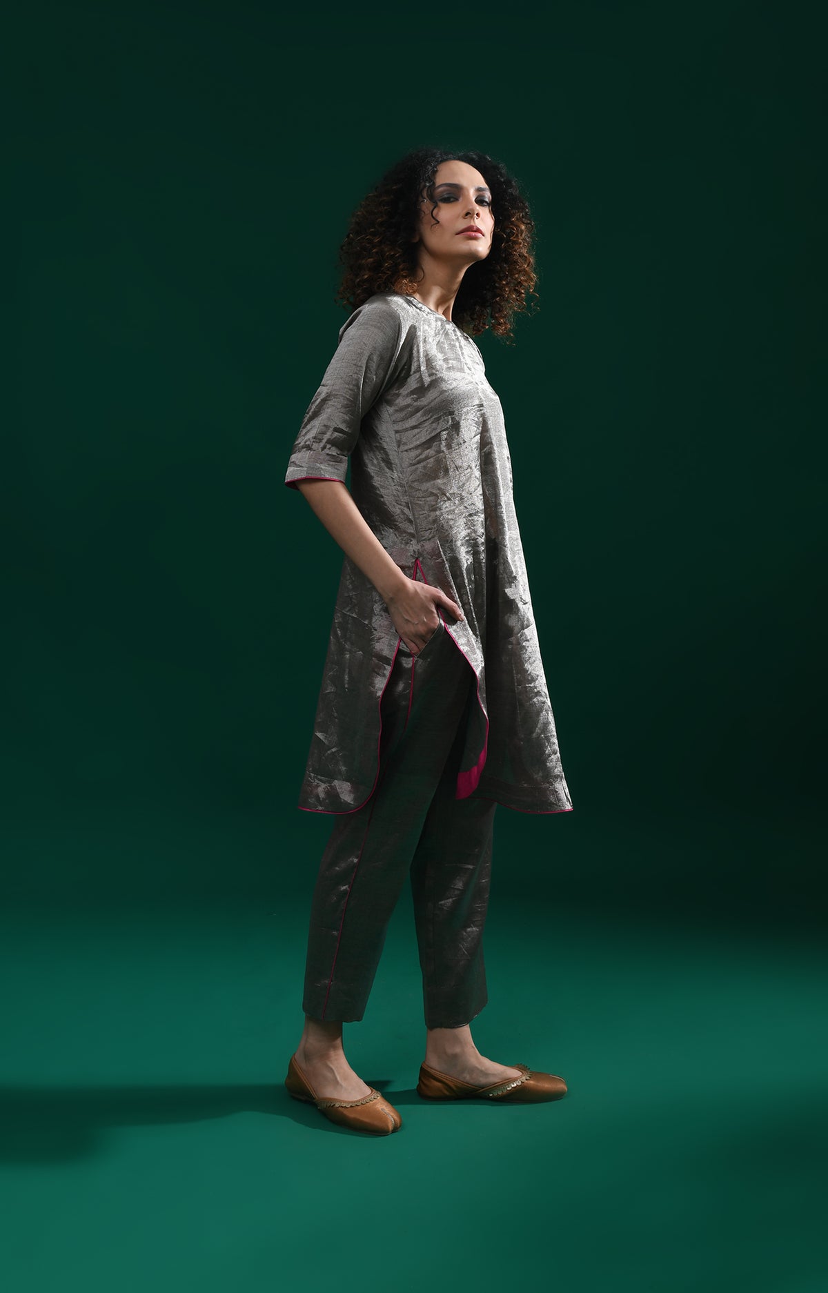 Dark silver short co-ord set with modern festive silhouette for women - Hiranya