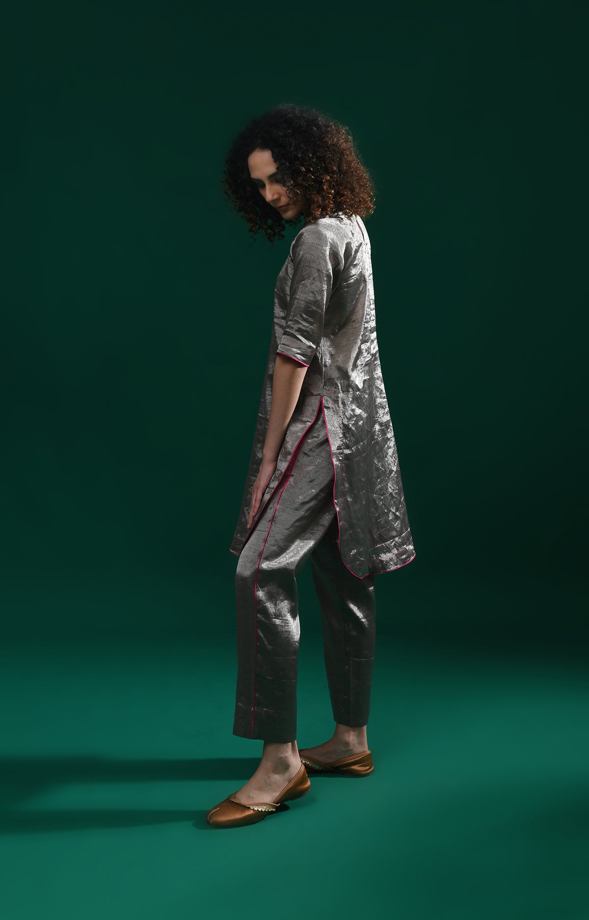 Dark silver short co-ord set with modern festive silhouette for women - Hiranya