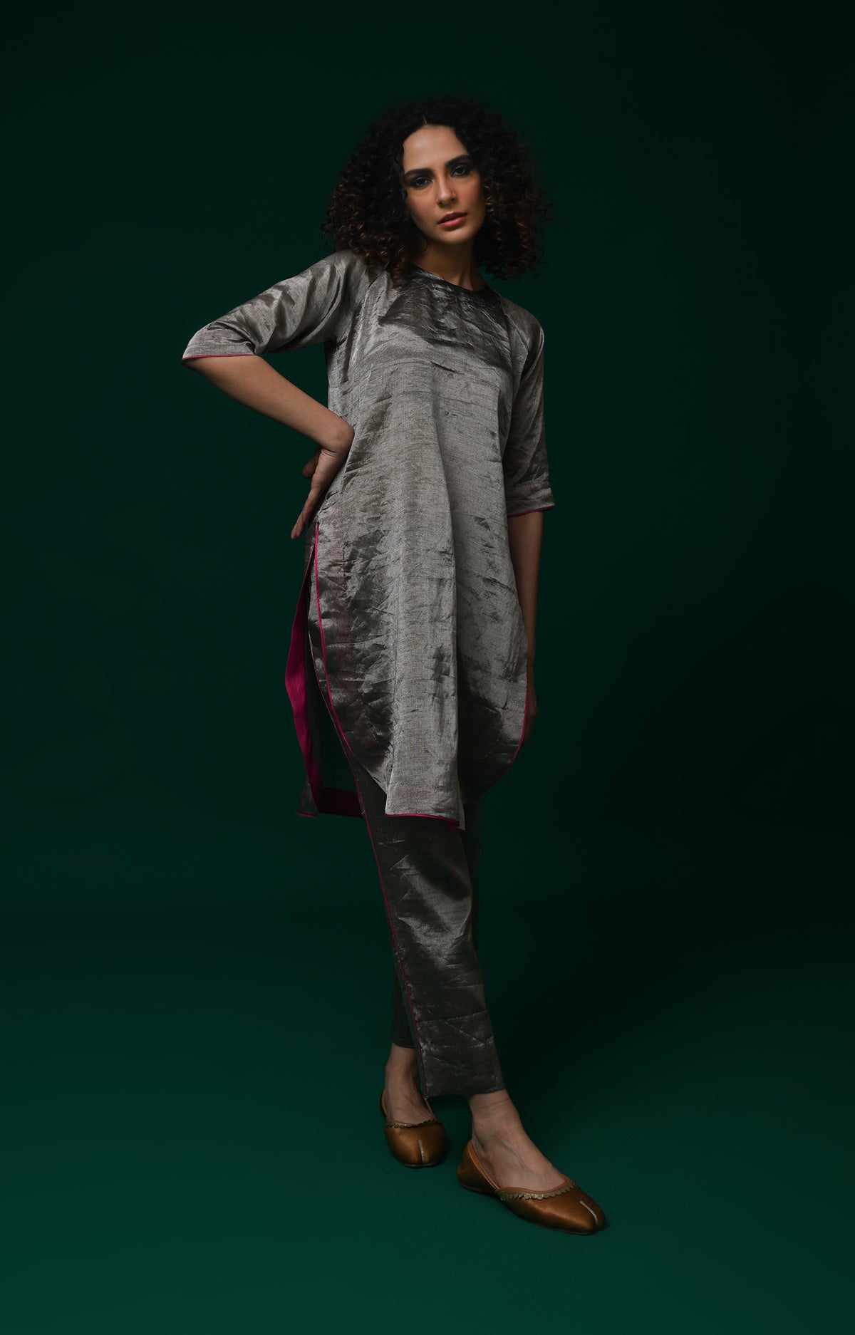Dark silver short co-ord set with modern festive silhouette for women - Hiranya