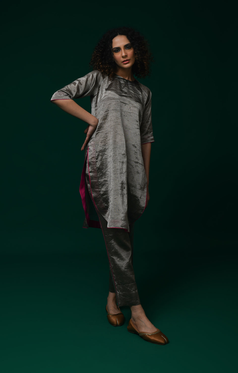 Dark silver short co-ord set with modern festive silhouette for women - Hiranya