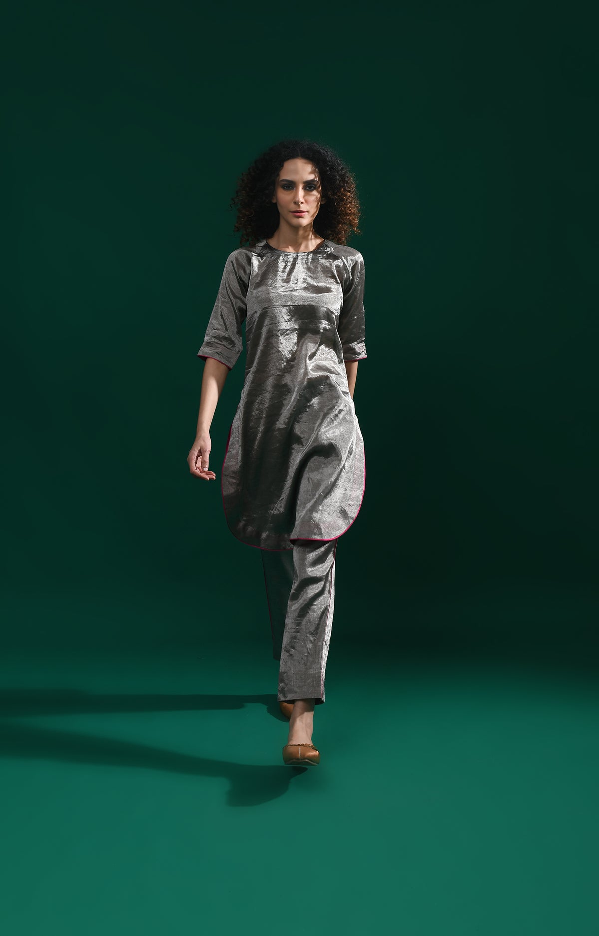 Dark silver short co-ord set with modern festive silhouette for women - Hiranya