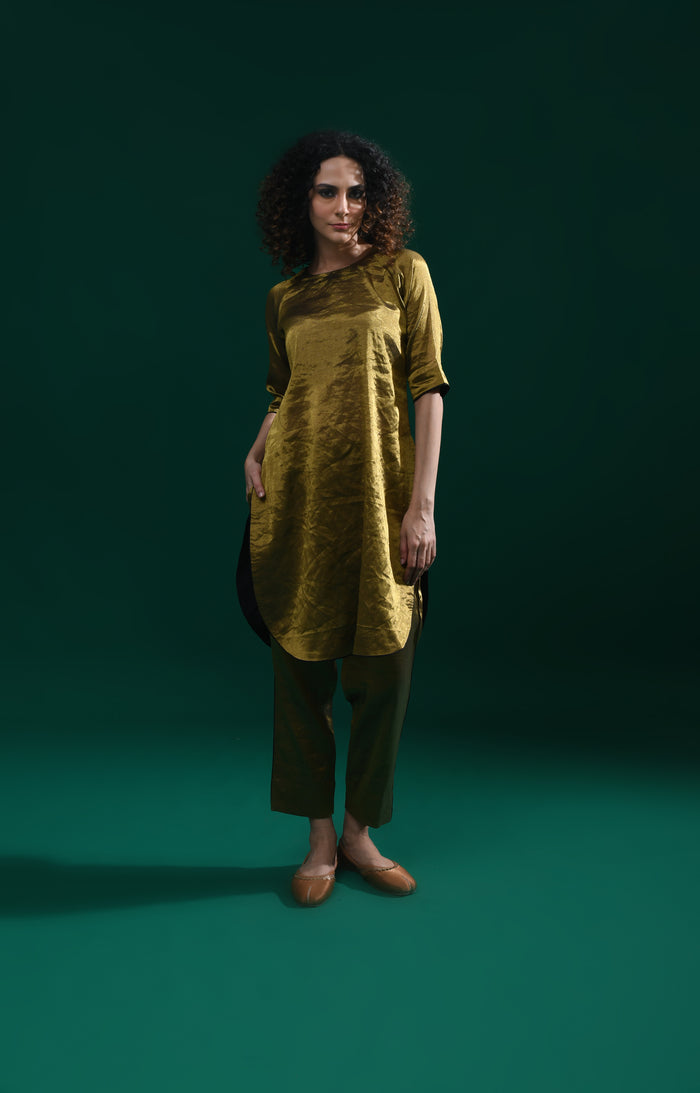 Dark gold handwoven tissue kaftan co-ord set for women - Hiranya
