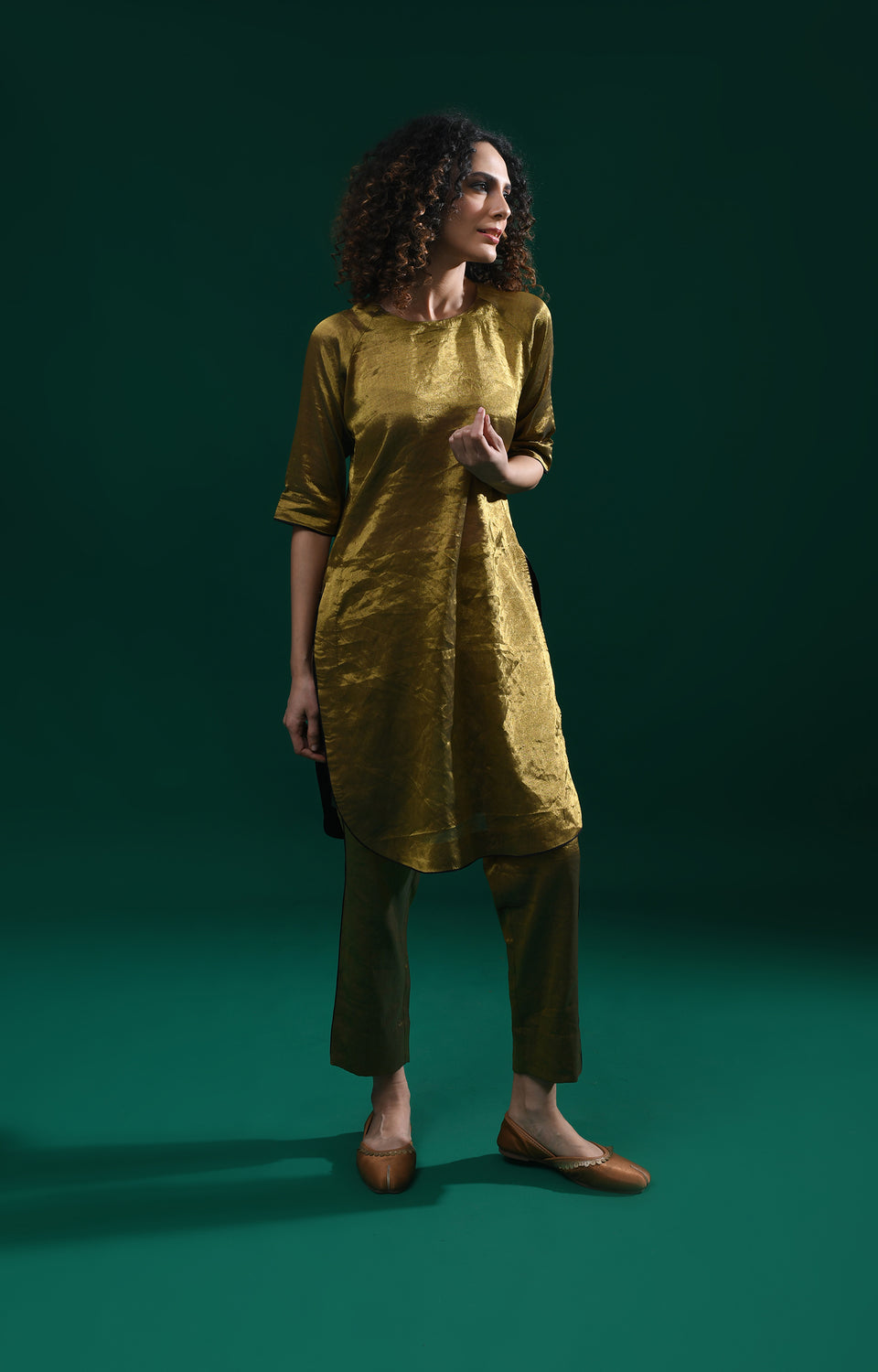 Dark gold handwoven tissue kaftan co-ord set for women - Hiranya