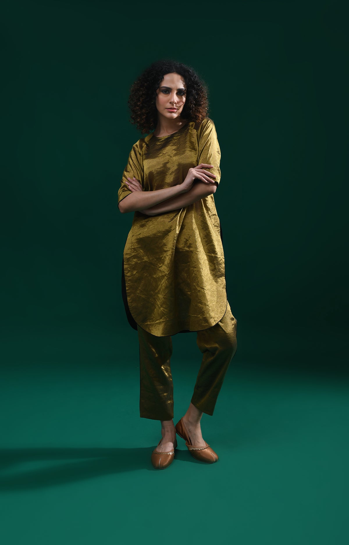Dark gold handwoven tissue kaftan co-ord set for women - Hiranya