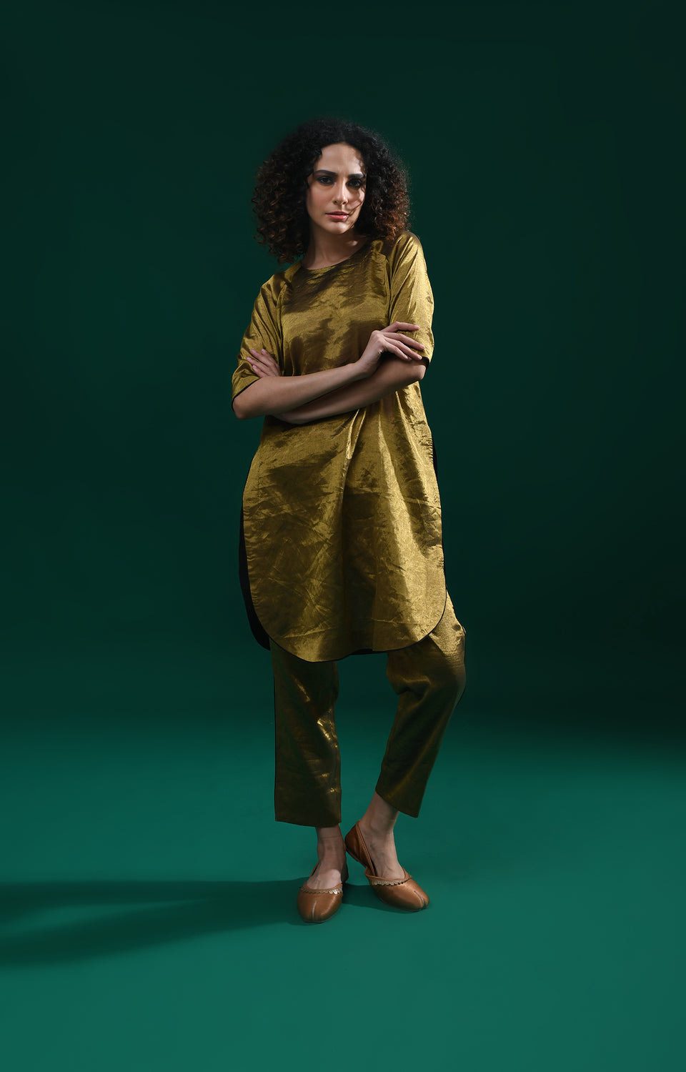 Dark gold handwoven tissue kaftan co-ord set for women - Hiranya