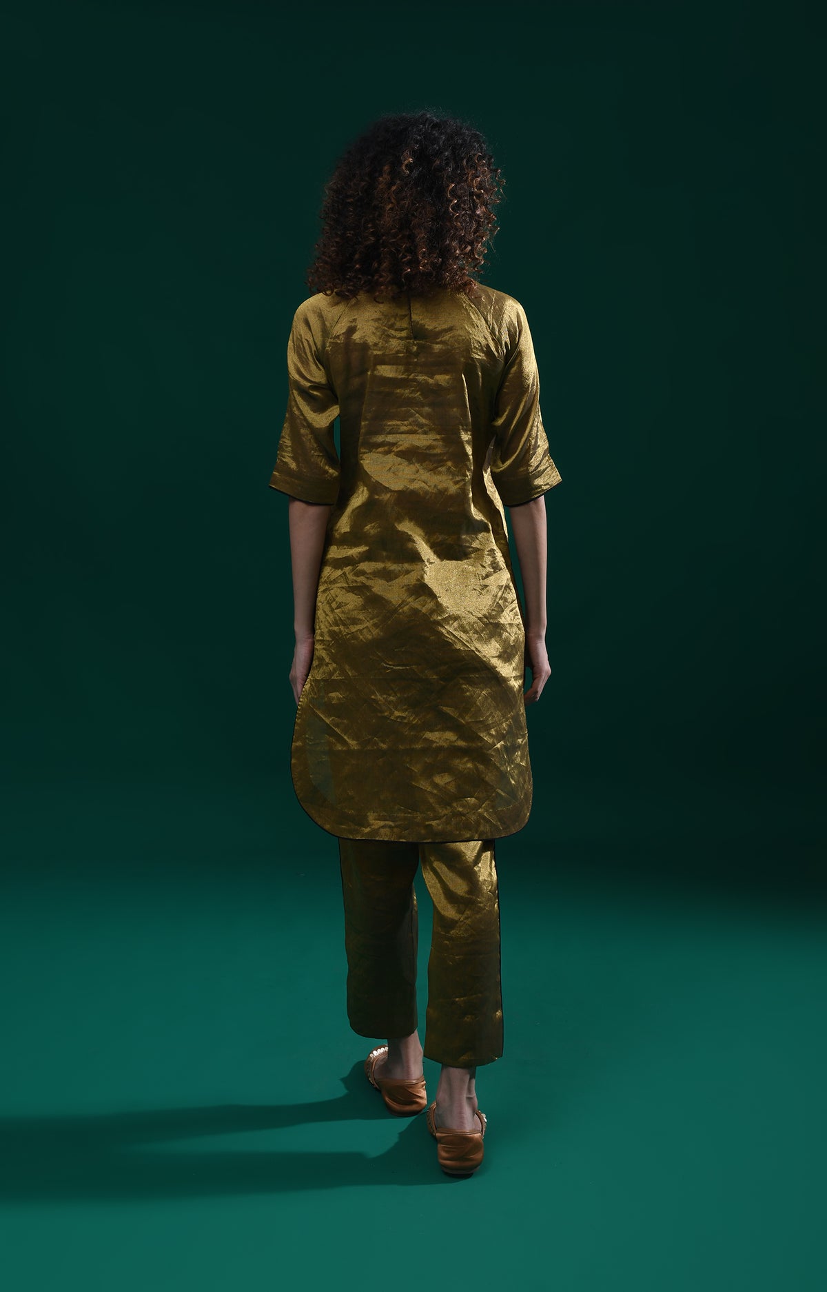 Dark gold handwoven tissue kaftan co-ord set for women - Hiranya