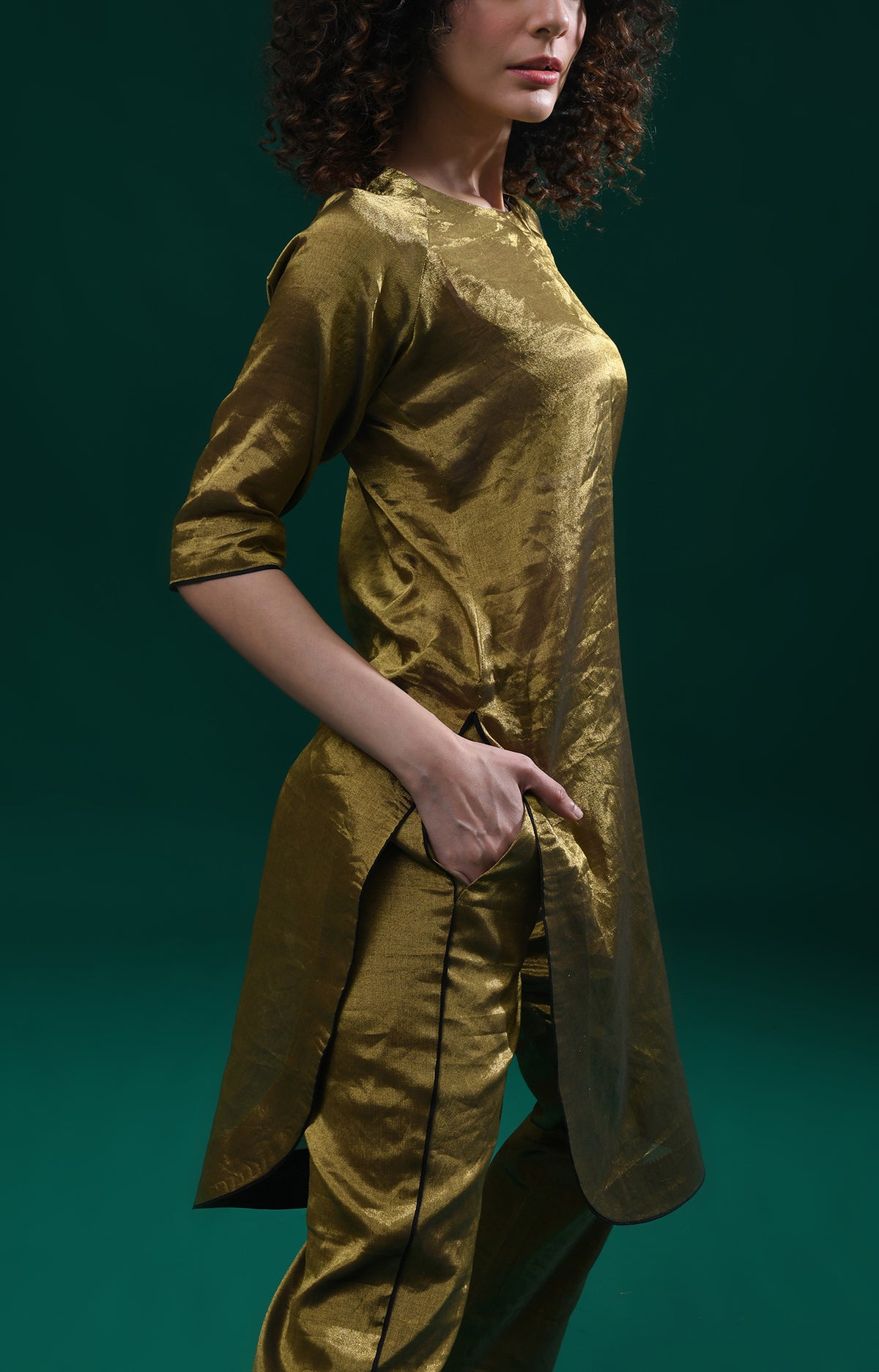 Dark gold handwoven tissue kaftan co-ord set for women - Hiranya