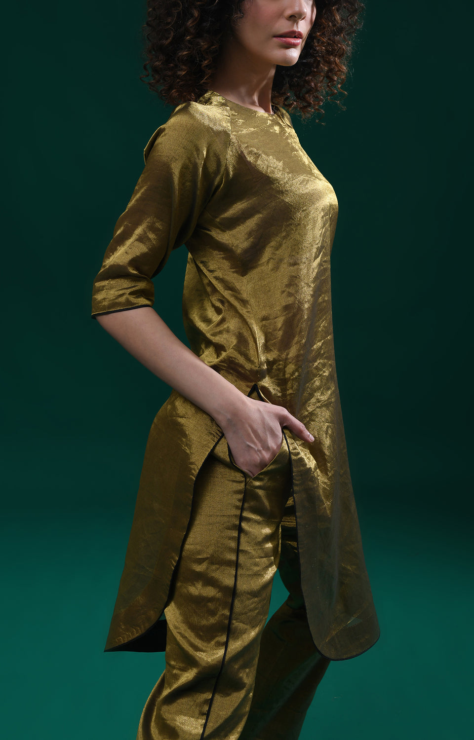 Dark gold handwoven tissue kaftan co-ord set for women - Hiranya