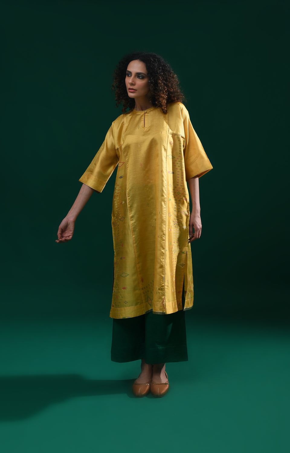 Yellow silk Jamdani phiran co-ord set for women - Hiranya 