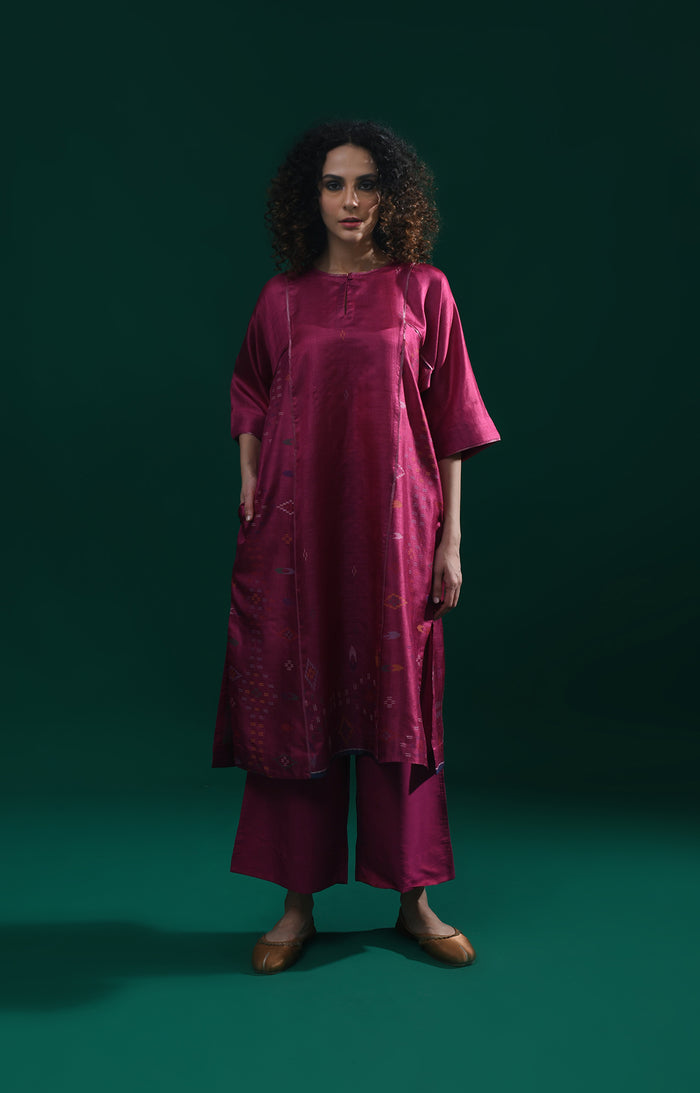 Wine silk Jamdani phiran co-ord set for women