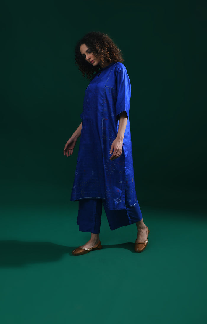Royal blue silk Jamdani phiran co-ord set for women - Hiranya