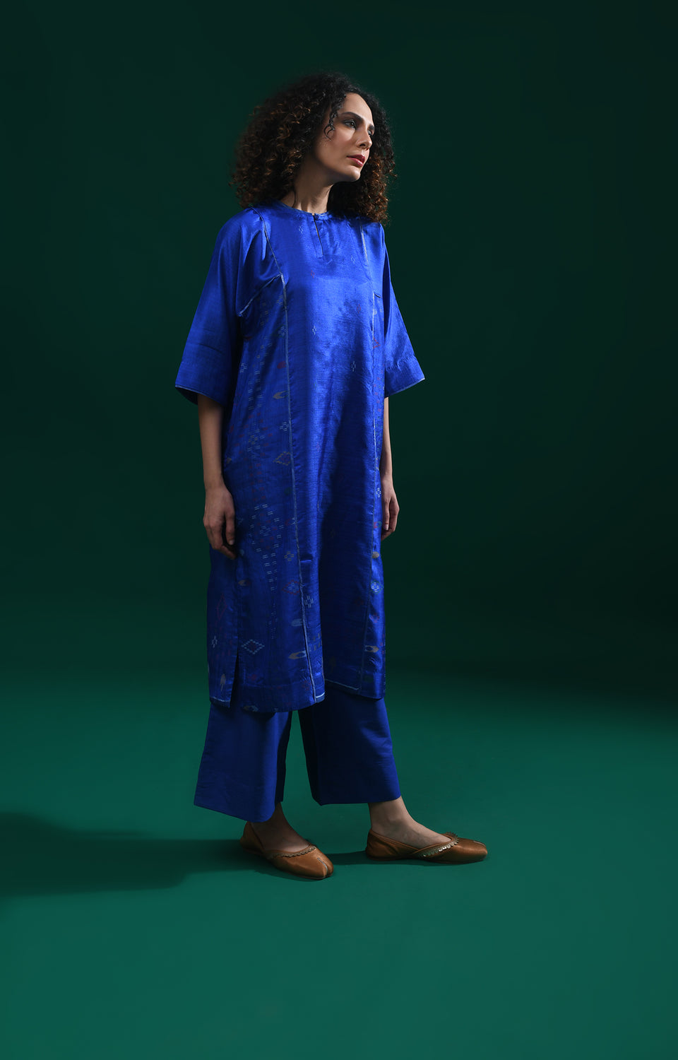 Royal blue silk Jamdani phiran co-ord set for women - Hiranya