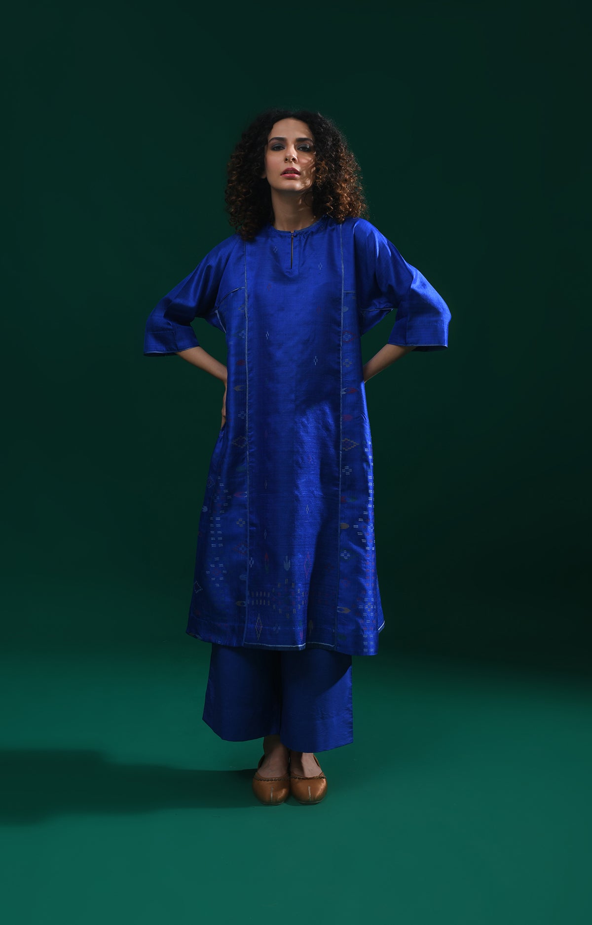 Royal blue silk Jamdani phiran co-ord set for women - Hiranya