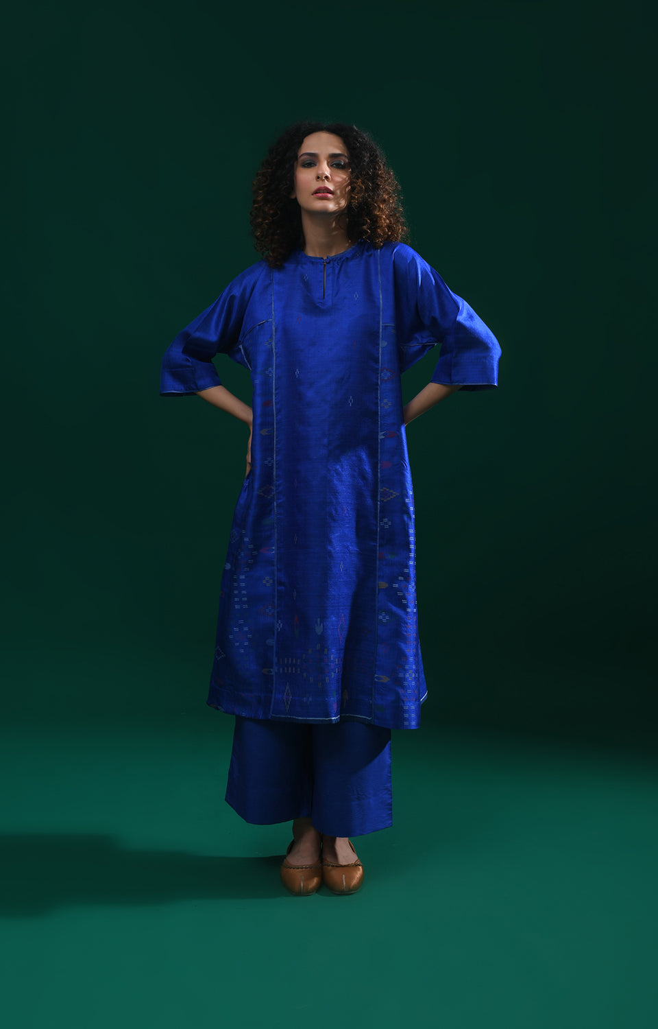 Royal blue silk Jamdani phiran co-ord set for women - Hiranya