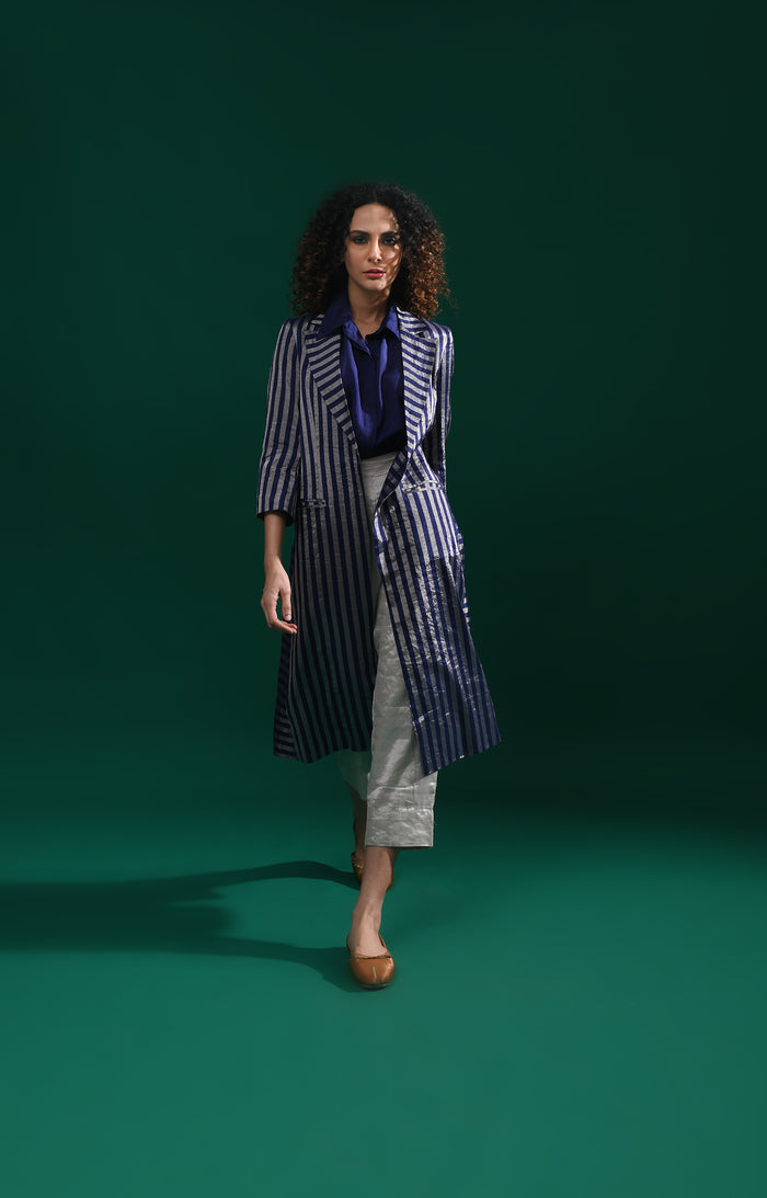 Striped Tissue Jacket Co-Ord (Set of 3)- Navy Blue