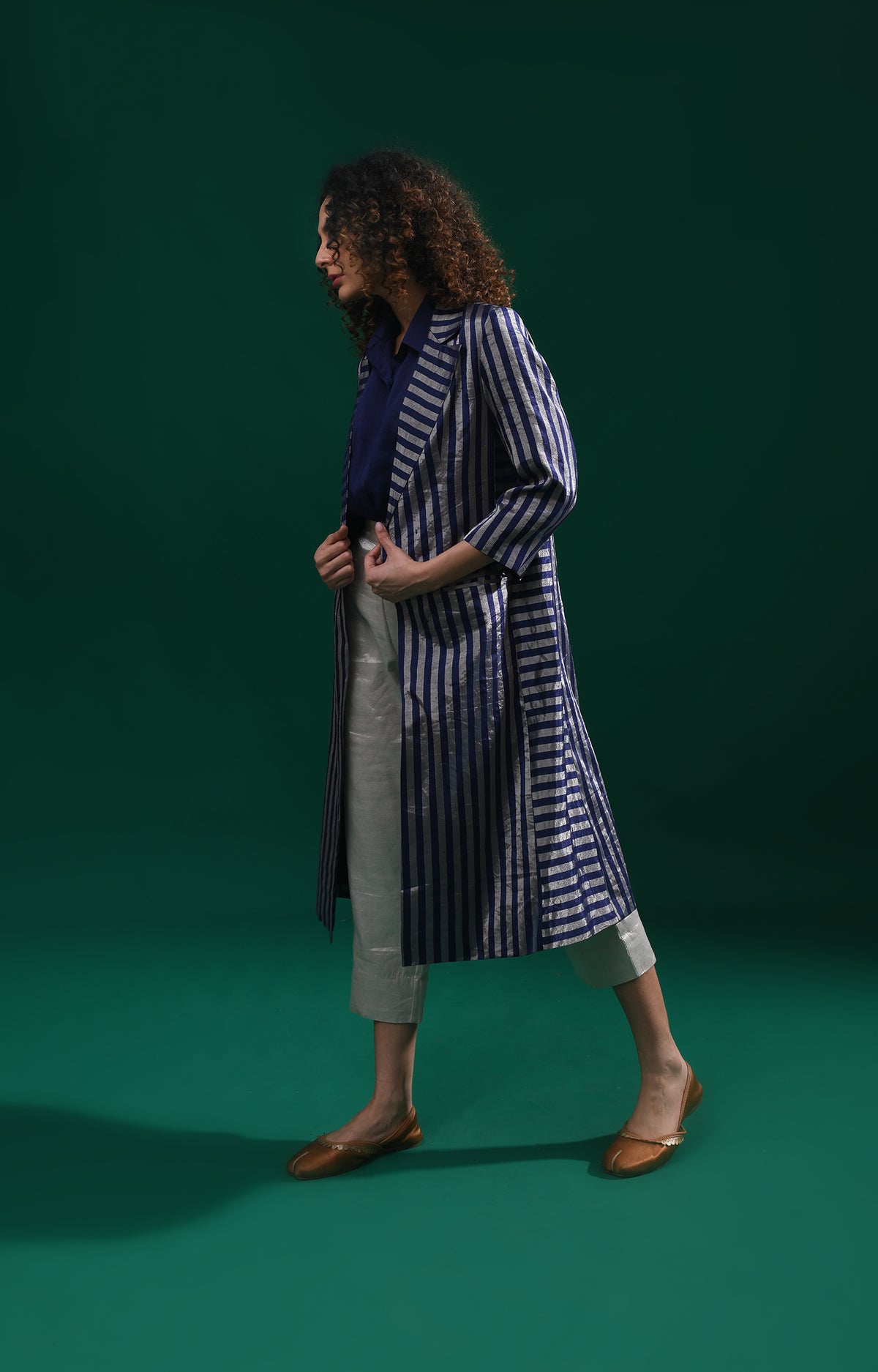 Striped Tissue Jacket Co-Ord (Set of 3)- Navy Blue