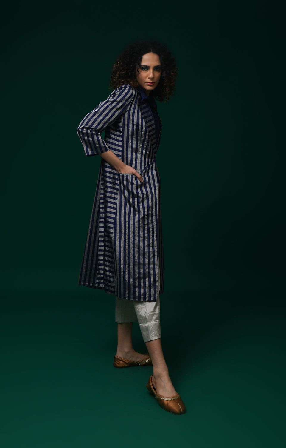 Striped Tissue Jacket Co-Ord (Set of 3)- Navy Blue