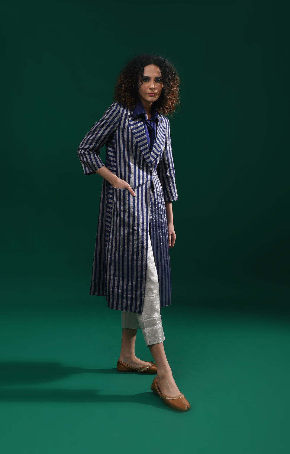 Striped Tissue Jacket Co-Ord (Set of 3)- Navy Blue
