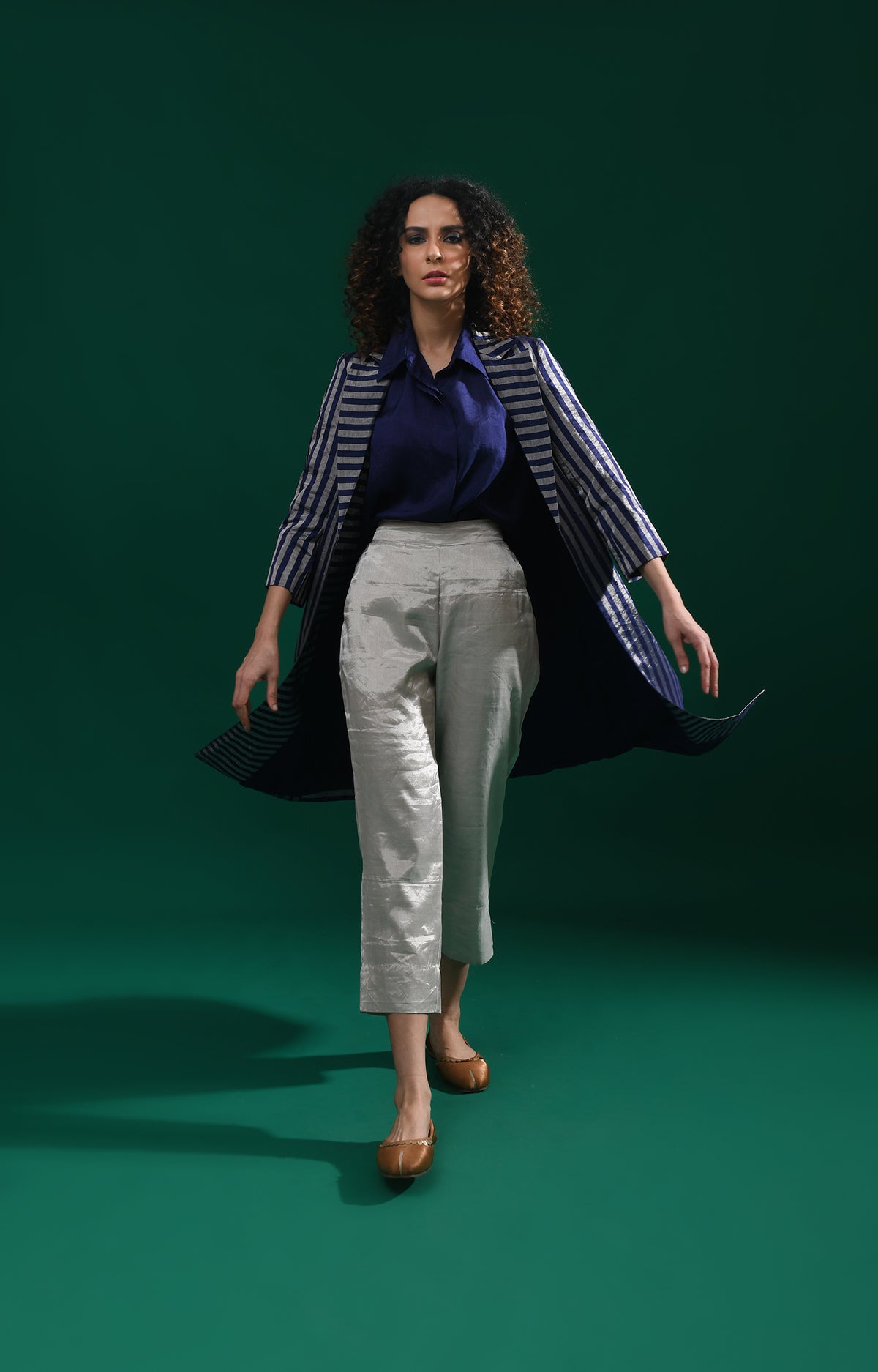 Striped Tissue Jacket Co-Ord (Set of 3)- Navy Blue
