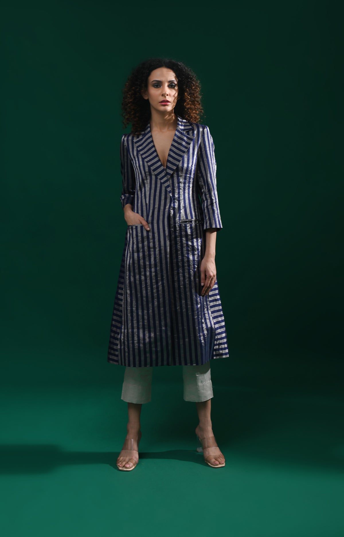 Striped Tissue Jacket Co-Ord (Set of 2)- Navy Blue