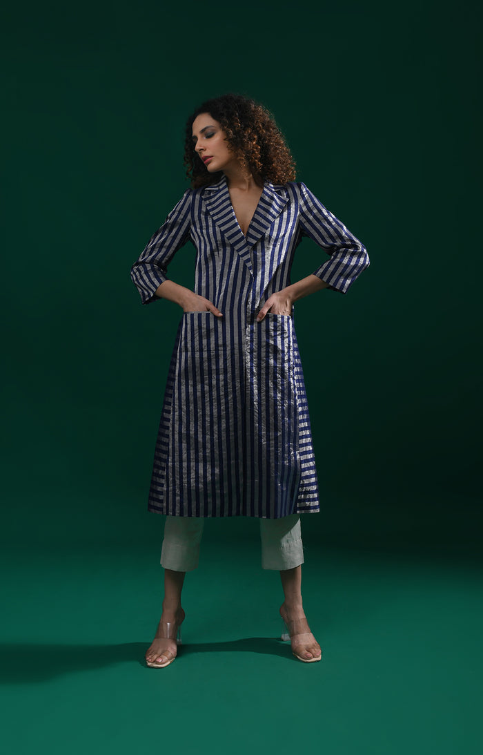 Striped Tissue Jacket Co-Ord (Set of 2)- Navy Blue