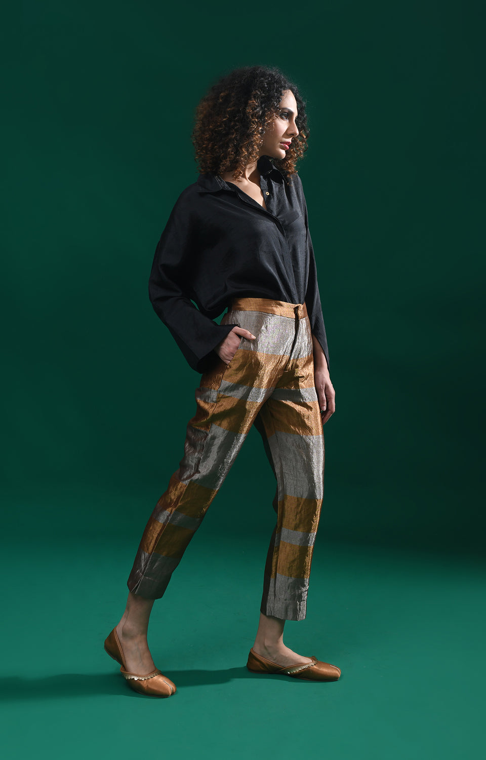 Straight Cut Tissue Trouser- Gold & Grey