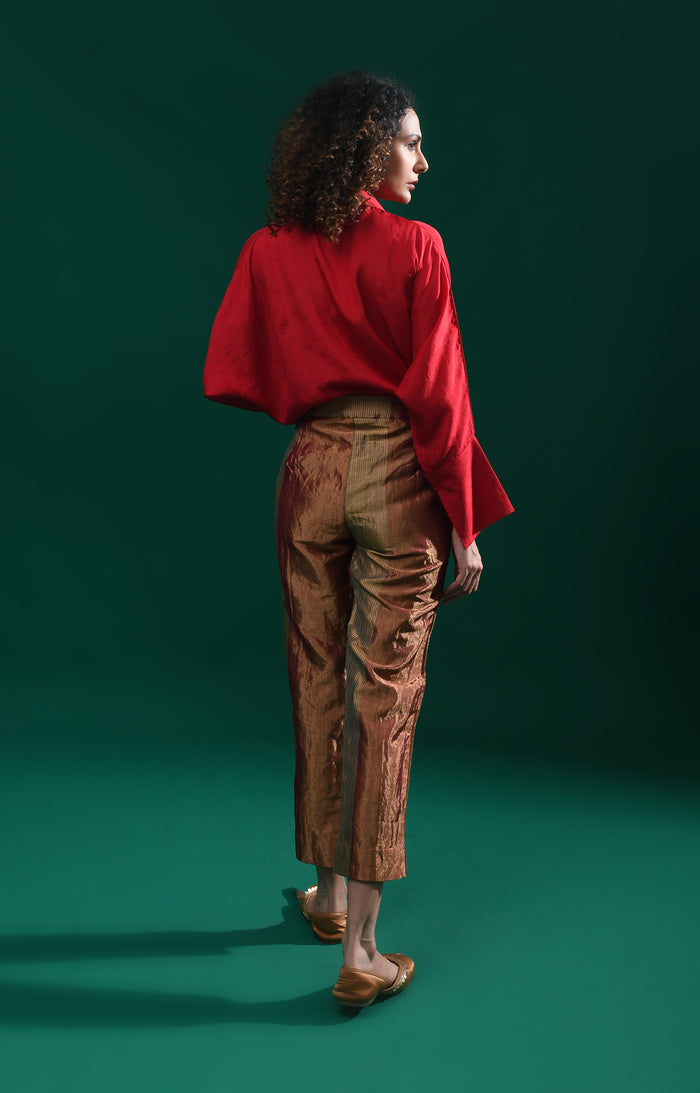 Red striped handwoven tissue straight cut trouser  – Hiranya