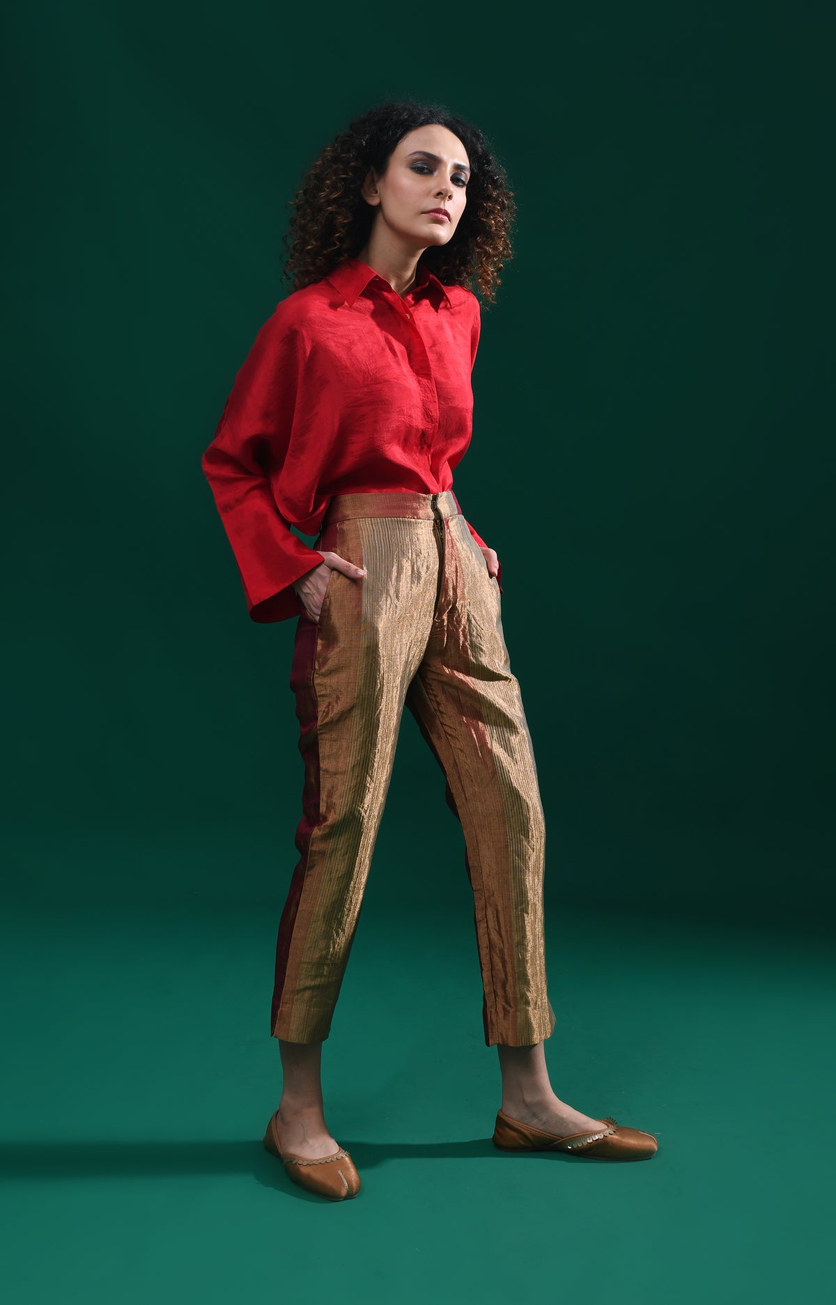 Red striped handwoven tissue straight cut trouser  – Hiranya