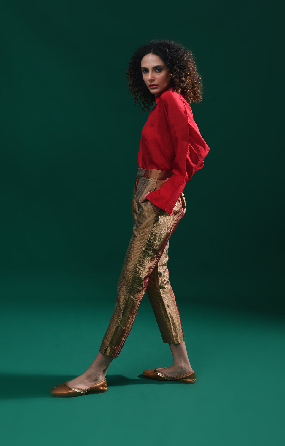 Red striped handwoven tissue straight cut trouser  – Hiranya