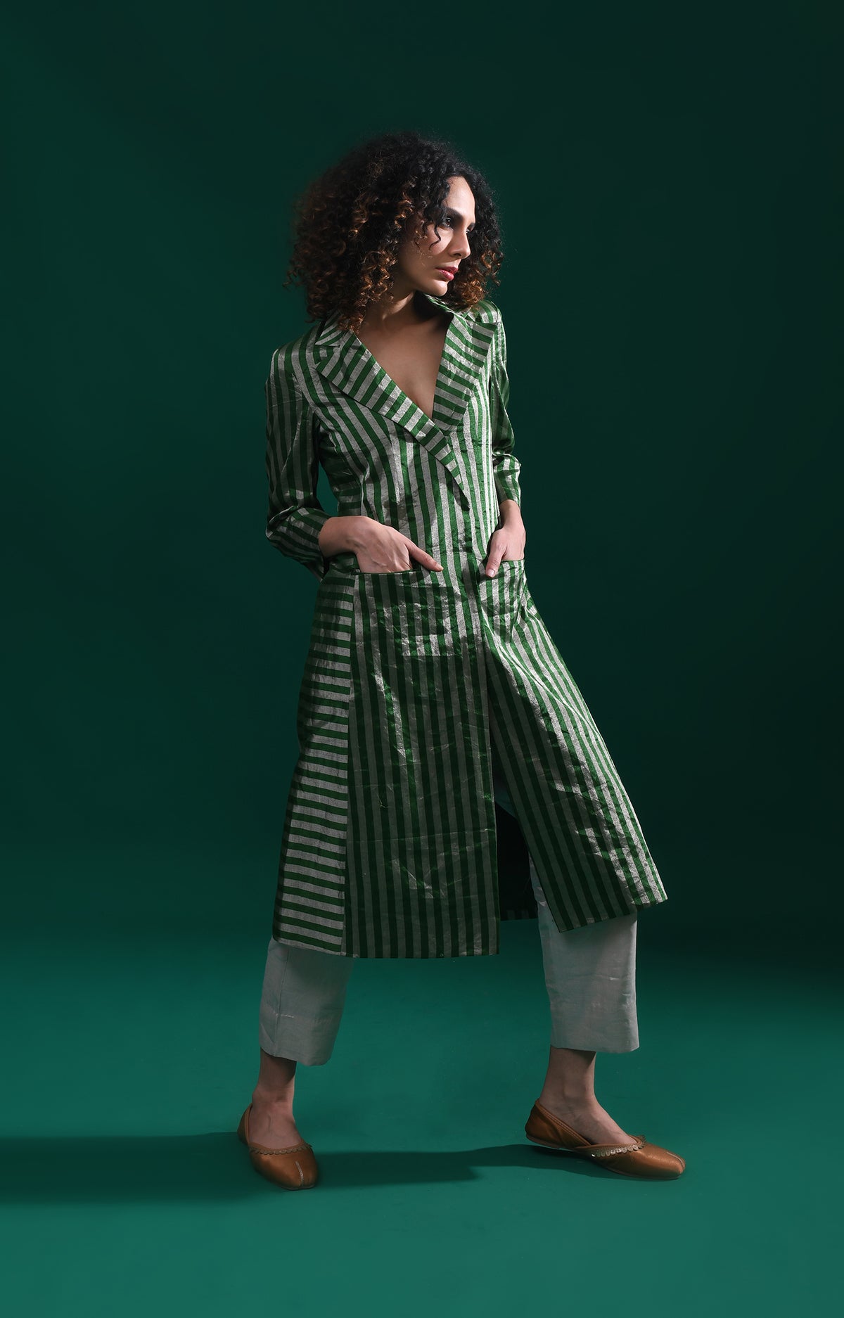 Striped Tissue Jacket Co-Ord (Set of 2)- Emerald and Silver