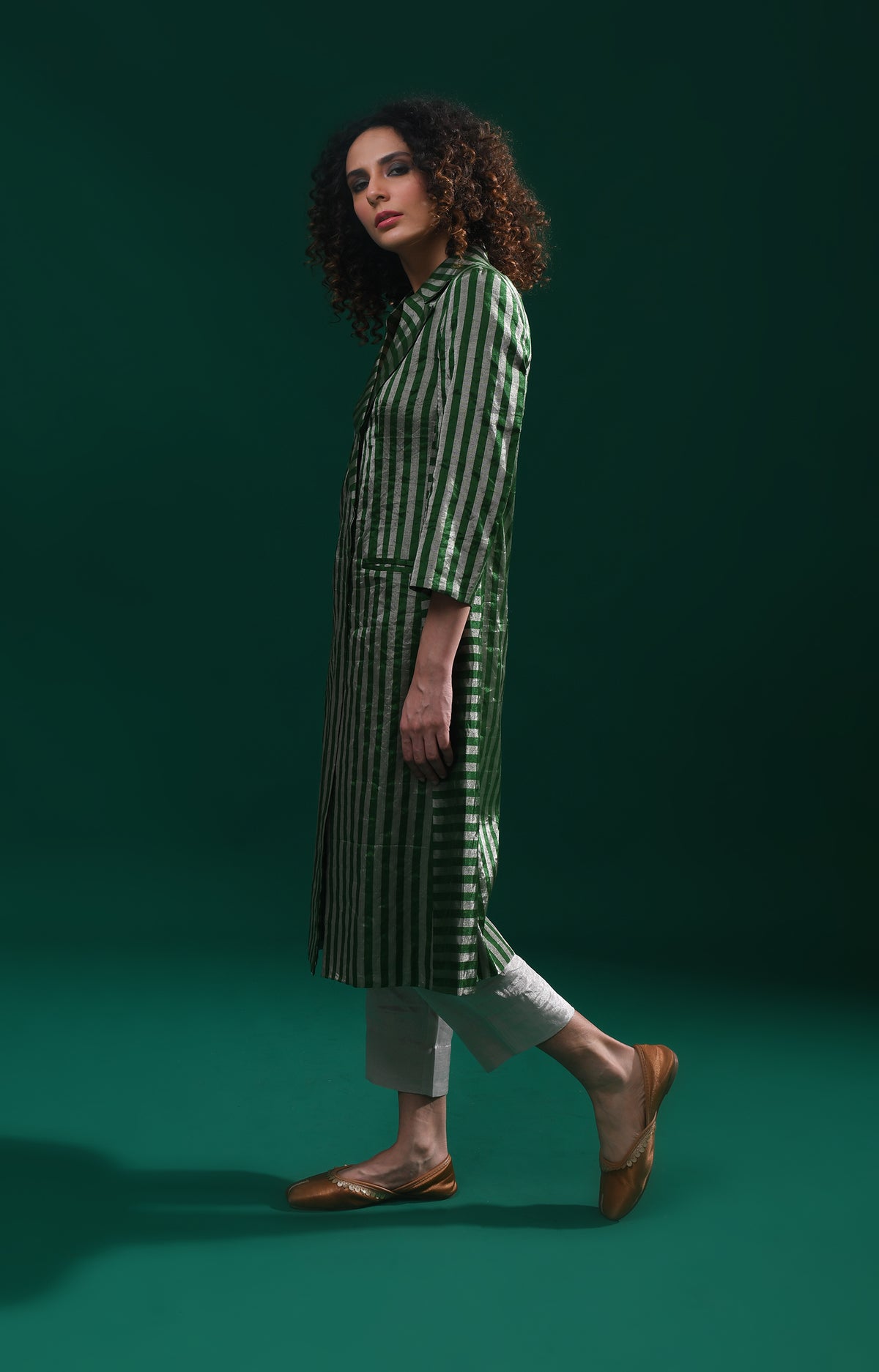 Striped Tissue Jacket Co-Ord (Set of 2)- Emerald and Silver