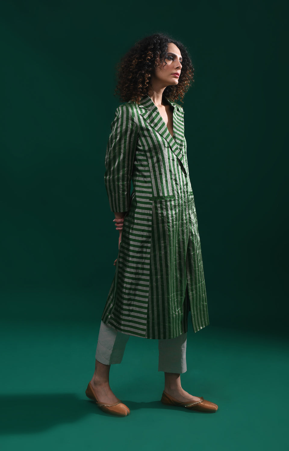 Striped Tissue Jacket Co-Ord (Set of 2)- Emerald and Silver