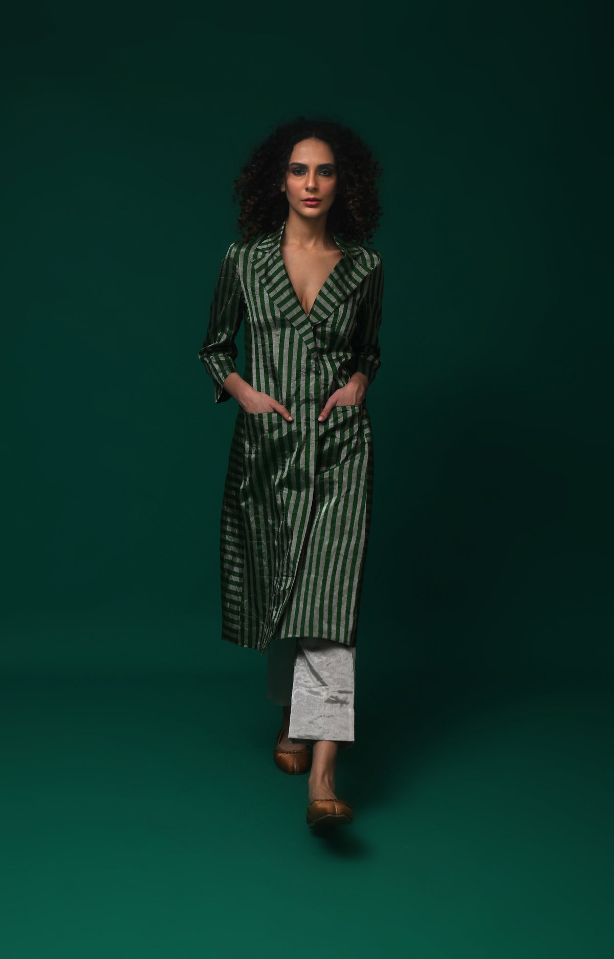 Striped Tissue Jacket Co-Ord (Set of 2)- Emerald and Silver