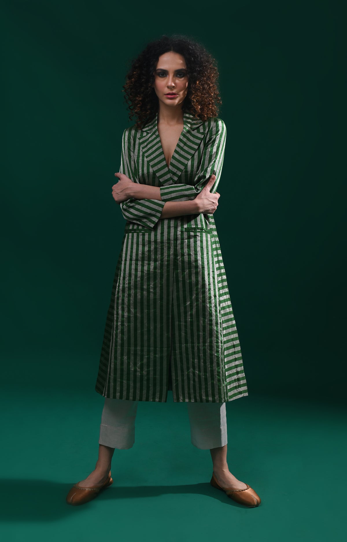 Striped Tissue Jacket Co-Ord (Set of 2)- Emerald and Silver